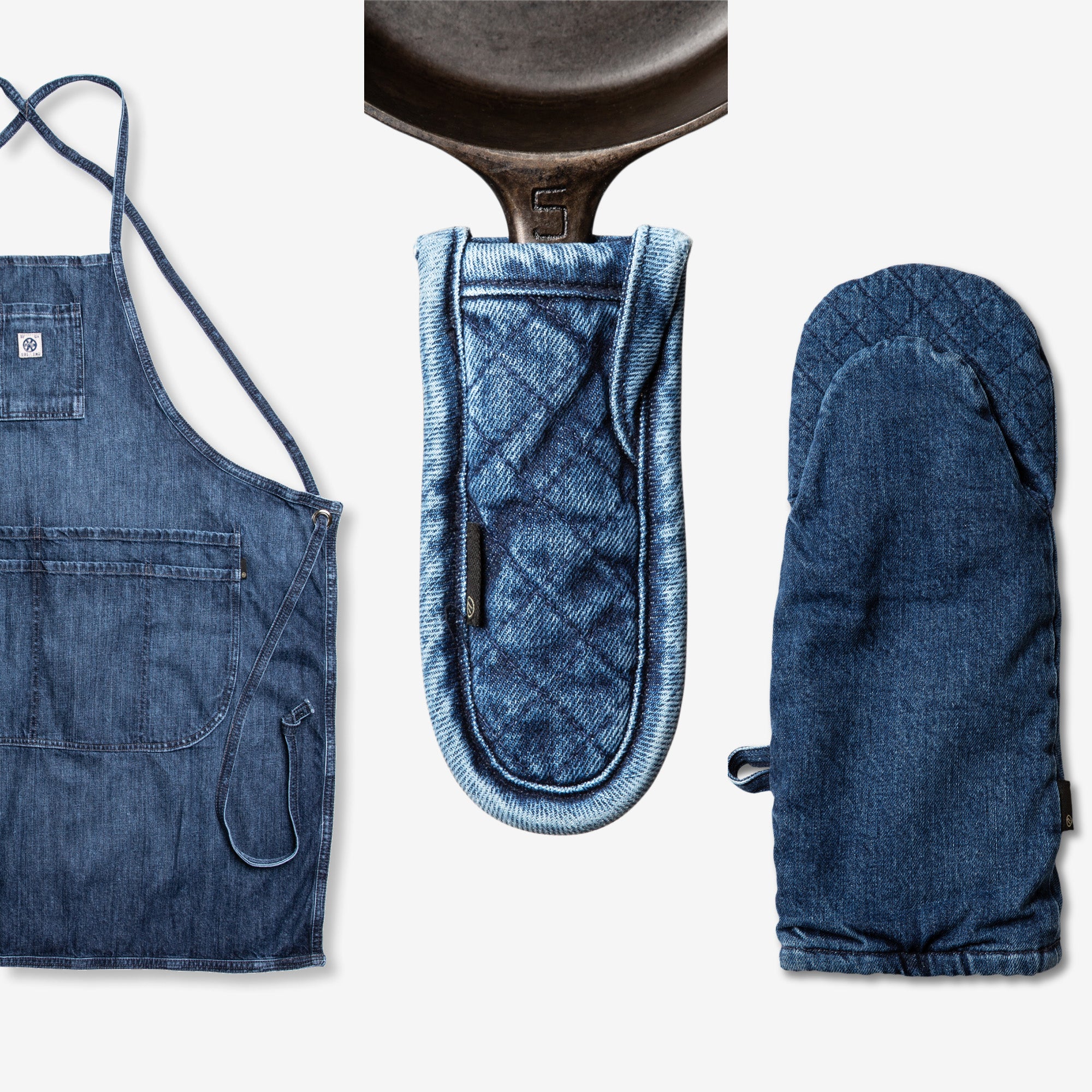 Denim and Leather Pot Holder and Oven Mitt