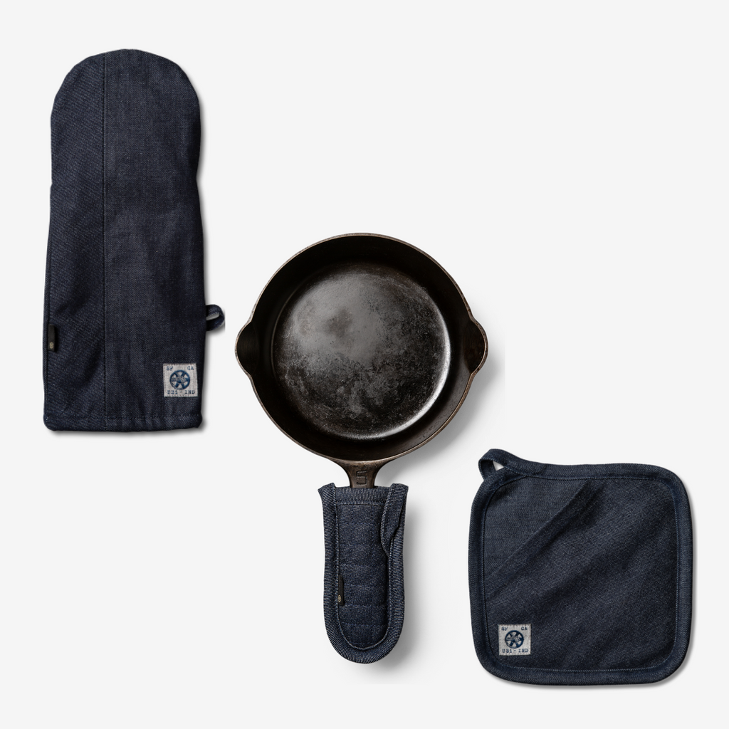 BUNDLE - PAN HANDLE HOLDER, POT HOLDER AND DUAL HAND OVEN MITT (RAW DENIM)